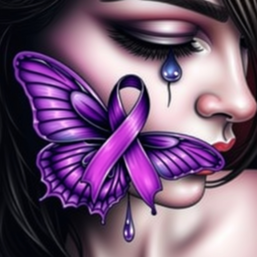 A tattoo design of A tear running down a woman's face with a domestic violence ribbon and a purple butterfly entwined together in the style of surrealistic. - domestic violence awareness tattoo design generated by AI tattoo generator