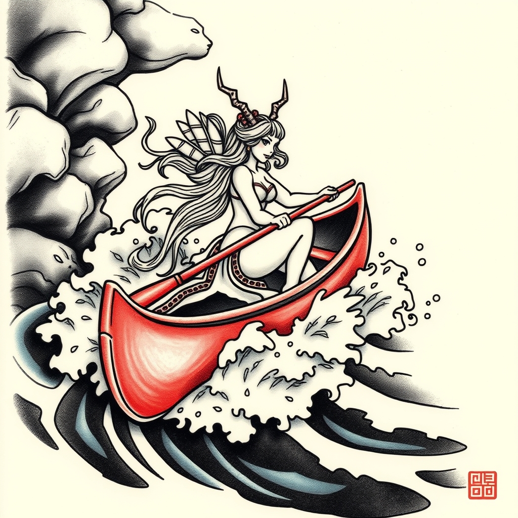 A tattoo design of A valkyrie paddling a canoe through a whirlpool in the style of japanese. - mythology fantasy tattoo design generated by AI tattoo generator
