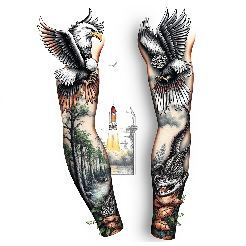 A tattoo design of Right arm full sleeve with the upper containing Harley Davidson theme with eagles mixed with the lower of Florida cypress swamp theme with alligator and space shuttle launch in the background  in the style of realistic. - motorcycles and wildlife scene tattoo design generated by AI tattoo generator