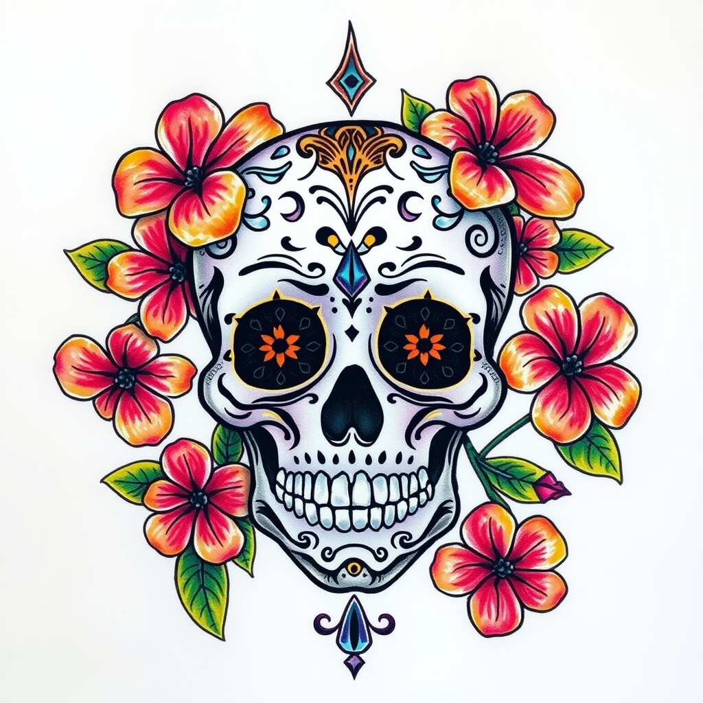 A tattoo design of Sugar Skullsurrounded by small multicolor hibiscus flowers in the style of surrealistic. - sugar skull tattoo design generated by AI tattoo generator