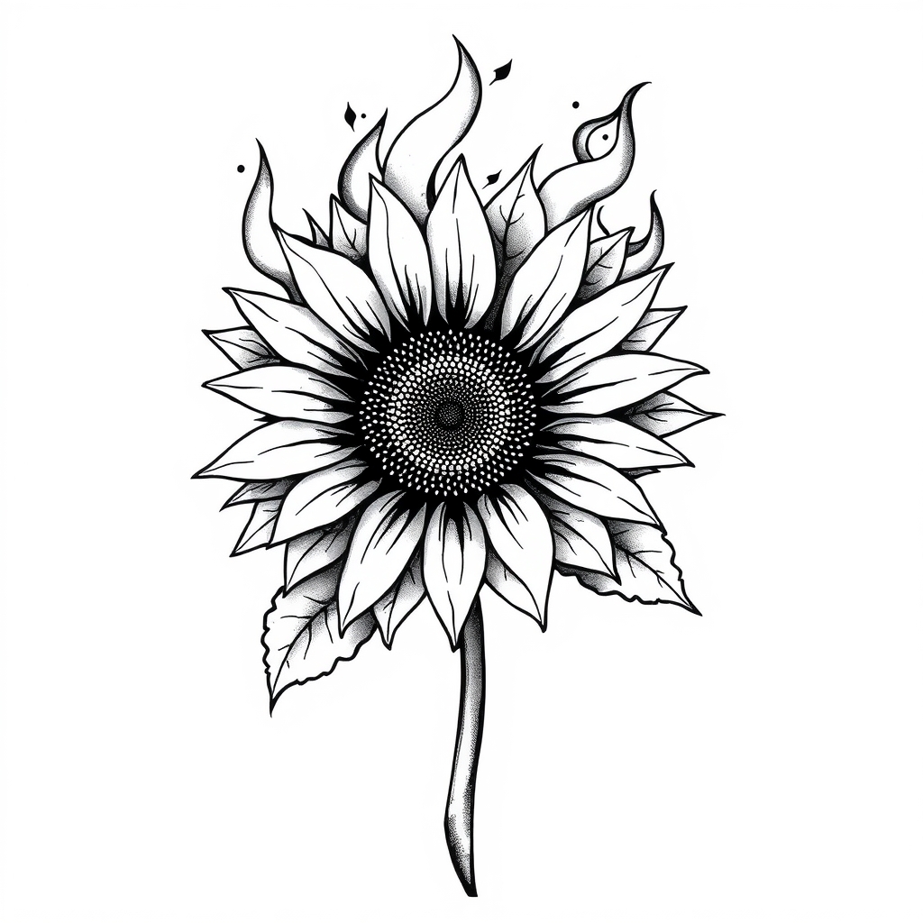 A tattoo design of A sunflower on fire in the style of blackwork. - flowers tattoo design generated by AI tattoo generator