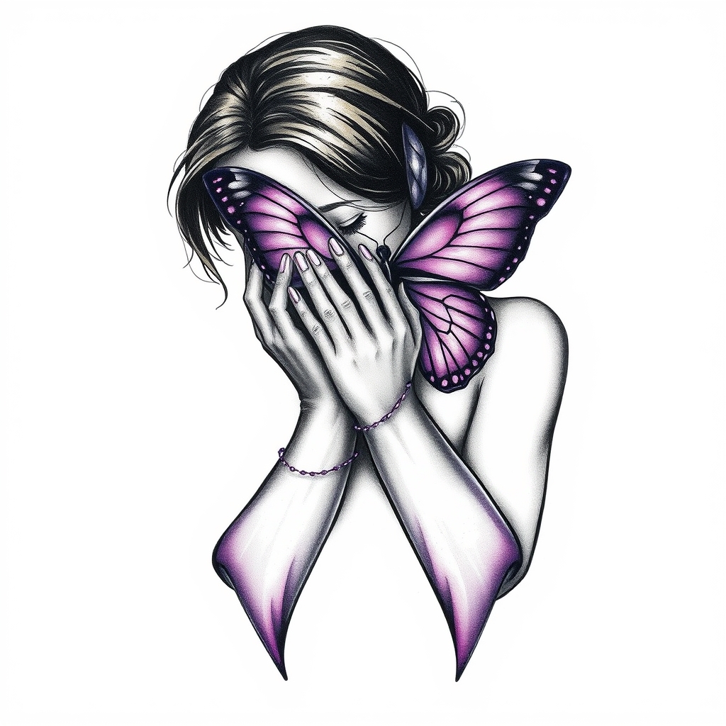 A tattoo design of Domestic violence ribbon awareness inclined together with a purple butterfly as a women hunched over her hands overing her face in the style of abstract. - social cause awareness tattoo design generated by AI tattoo generator