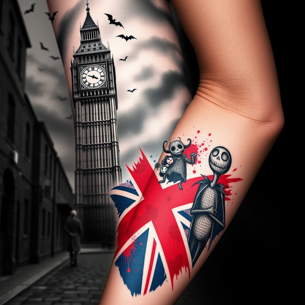 A tattoo design of 1. Big Ben (Upper Arm/Shoulder)  Rendered in intricate black and grey with detailed architecture.  Clock set to midnight (12:00).  Looming against a misty, clouded night sky with scattered bats flying by.  Use subtle shadowing to give it a towering, eerie vibe.   2. Jack Skellington (Outer Bicep)  Standing below Big Ben in a Victorian-style London street.  Wearing a tattered cloak, casting a long, twisted shadow.  His face lit slightly by an old lantern (a soft focal point).   3. Oogie Boogie (Inner Bicep)  Emerging from the shadows of an alleyway.  Made of burlap-like texture, with dice in one hand.  Incorporate faint swirls or smoke to blend his form with the surrounding shadows.   4. Union Jack Color Splash (Elbow/Forearm Transition)  Use watercolor-style red, white, and blue in splattered strokes.  Faintly emerging behind brick textures or London fog—like graffiti bleeding through.   5. Lower Arm/Wrist  London cobblestone street fading into fog with footprints or skeletal handprints.  Lamp posts glowing faintly in the distance.  Possibly integrate bats or wisps flowing down toward the wrist.    ---  🎨 Style Notes:  Black & Grey Realism with gothic undertones.  Single color accent: Union Jack splash for visual punch without overwhelming the dark vibe.  High contrast shading to dramatize the night atmosphere.  Textural contrasts (brick, fog, burlap, bones) to keep it visually engaging across the sleeve. in the style of realistic. - london landmarks with halloween characters tattoo design generated by AI tattoo generator