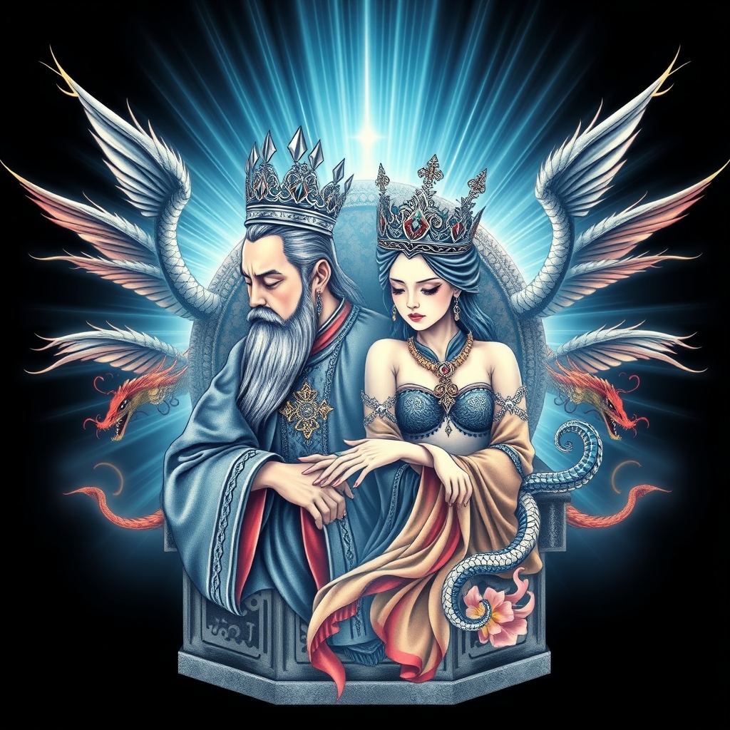 A tattoo design of A king and queen that are the same person, their images superimposed over each other  sitting on his hexagon shaped throne, his eyes closed, his face soft, and his aura light blue and silver around him, his crown is streaming light rays,turning into dragons in fine thin strips of various colors, extending out in all directions , his beard and hair like feathers  in the style of japanese. - royal fantasy creature tattoo design generated by AI tattoo generator