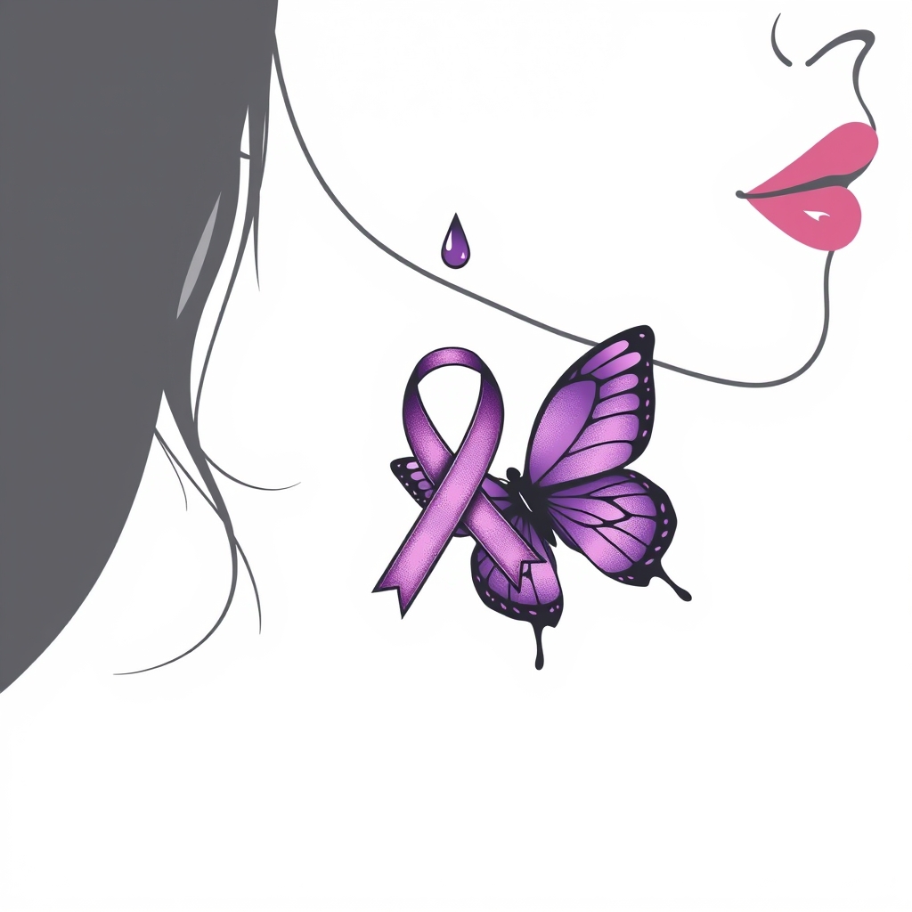 A tattoo design of A tear running down a woman's face with a domestic violence ribbon and a purple butterfly entwined together in the style of minimalist. - domestic violence awareness tattoo design generated by AI tattoo generator