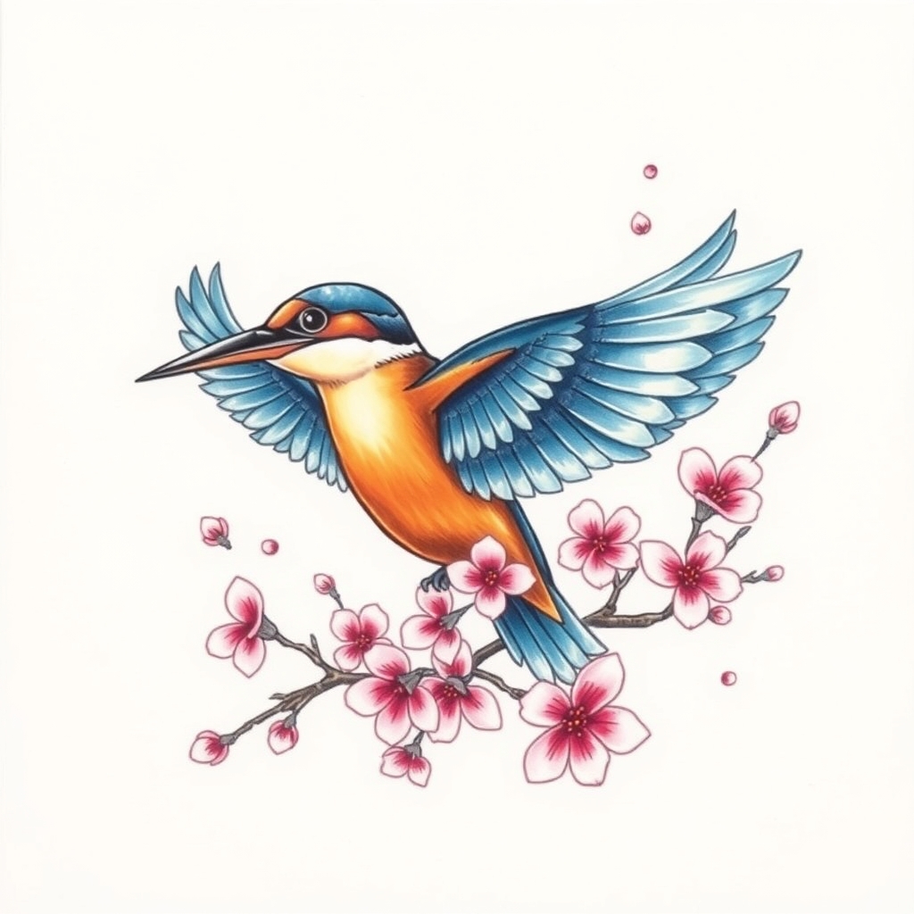A tattoo design of Kingfisher in flight and cherry blossoms in colour in the style of tribal. - nature wildlife tattoo design generated by AI tattoo generator