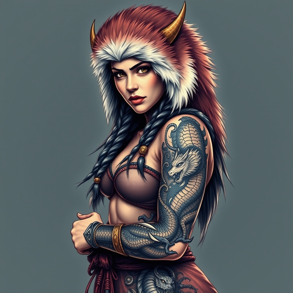 A tattoo design of Pin up fur covered northern warrior goddess with a dragon tattoo wrapped around her left arm full body in the style of realistic. - mythical goddess tattoo design generated by AI tattoo generator