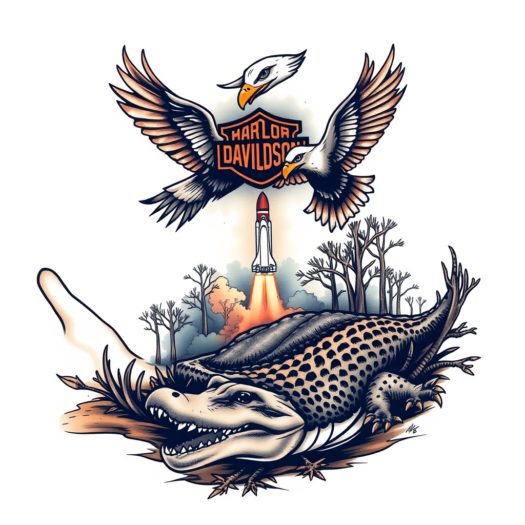 A tattoo design of Right arm full sleeve with the upper containing Harley Davidson theme with eagles mixed with the lower of Florida cypress swamp theme with alligator and space shuttle launch in the background  in the style of realistic. - mixed themes tattoo design generated by AI tattoo generator