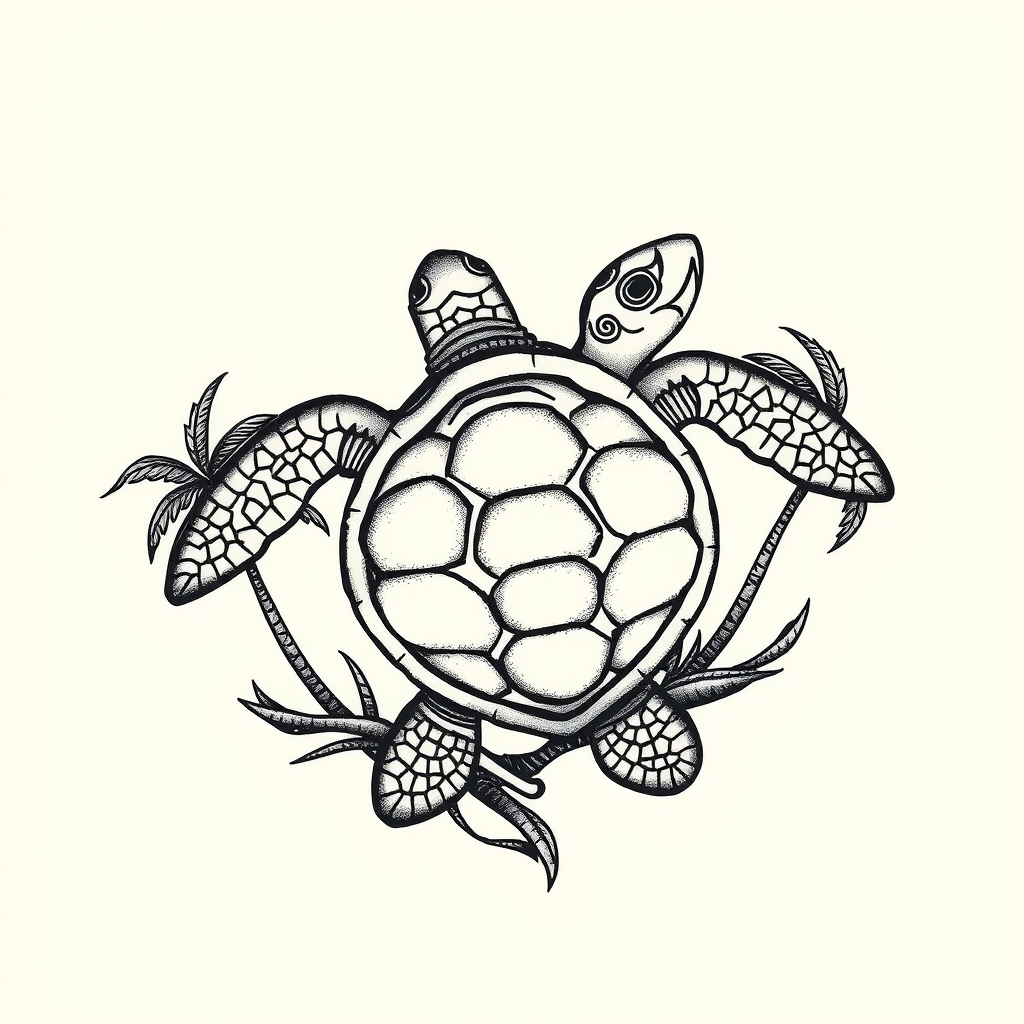 A tattoo design of sea turtle, palm trees, feminine in the style of abstract. - ocean wildlife tattoo design generated by AI tattoo generator