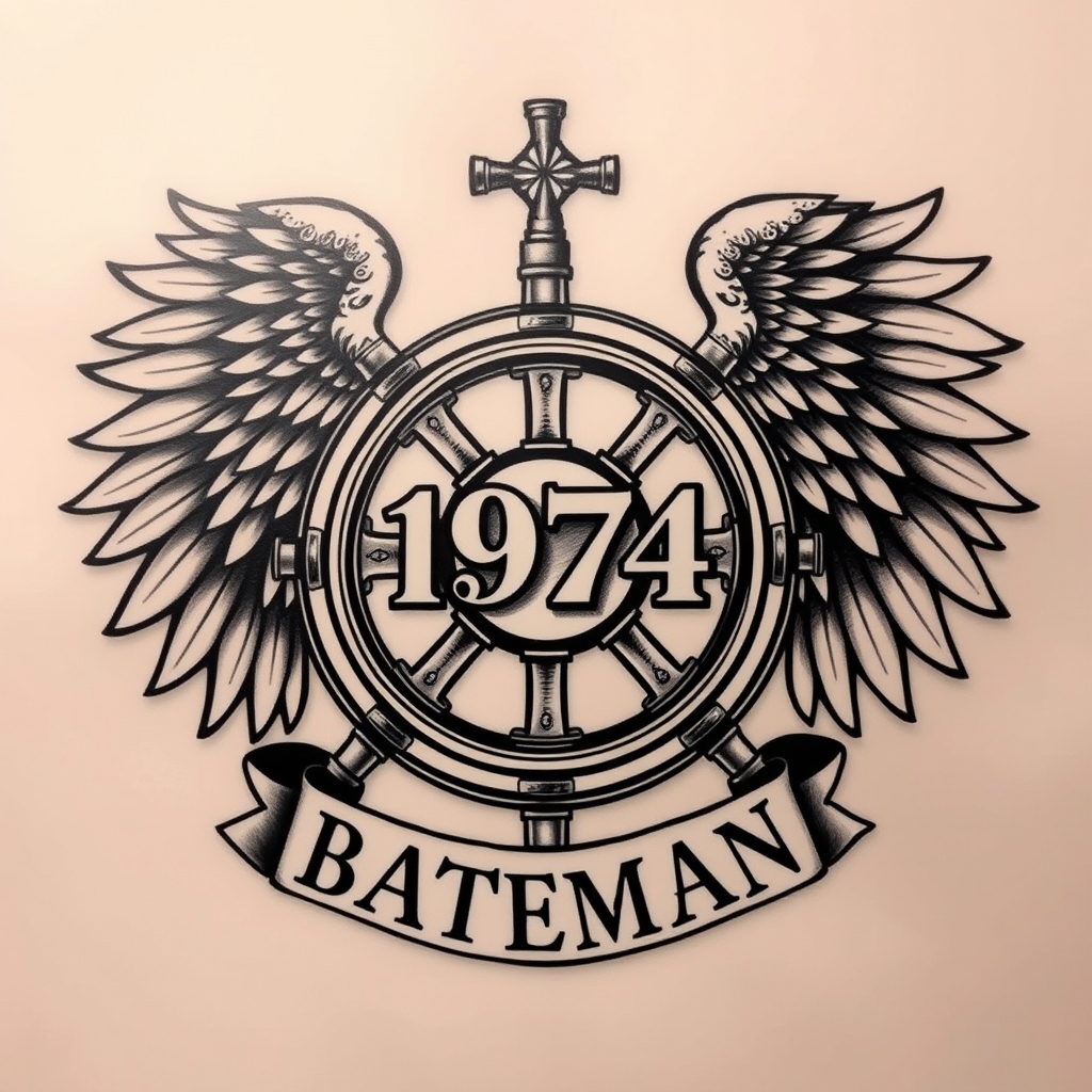 A tattoo design of Winged Wheel, “1974”, "BATEMAN", law enforcement, Father in the style of realistic. - law enforcement tattoo design generated by AI tattoo generator