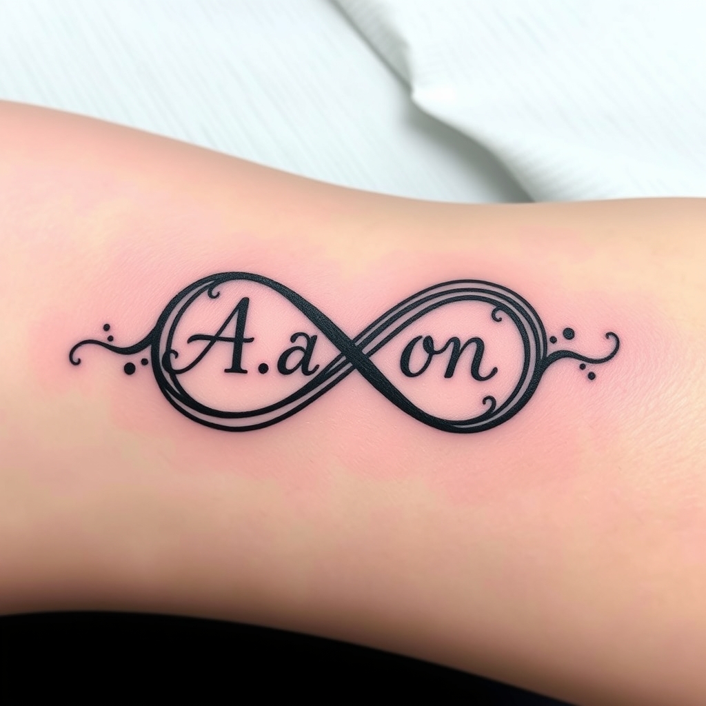 A tattoo design of Infinity symbol with the name Aaron in the style of blackwork. - symbol and name tattoo design generated by AI tattoo generator