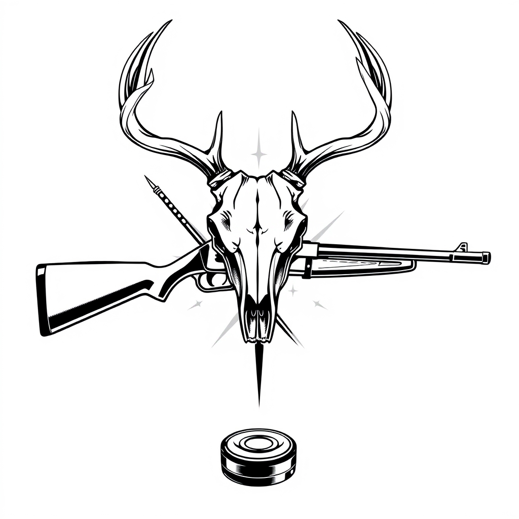 A tattoo design of a deer skull on top of the x of a lever action rifle and a hockey stick all blackout with with a white background with a hockey puck on the bottom of the x in the style of realistic. - hunting sports equipment tattoo design generated by AI tattoo generator