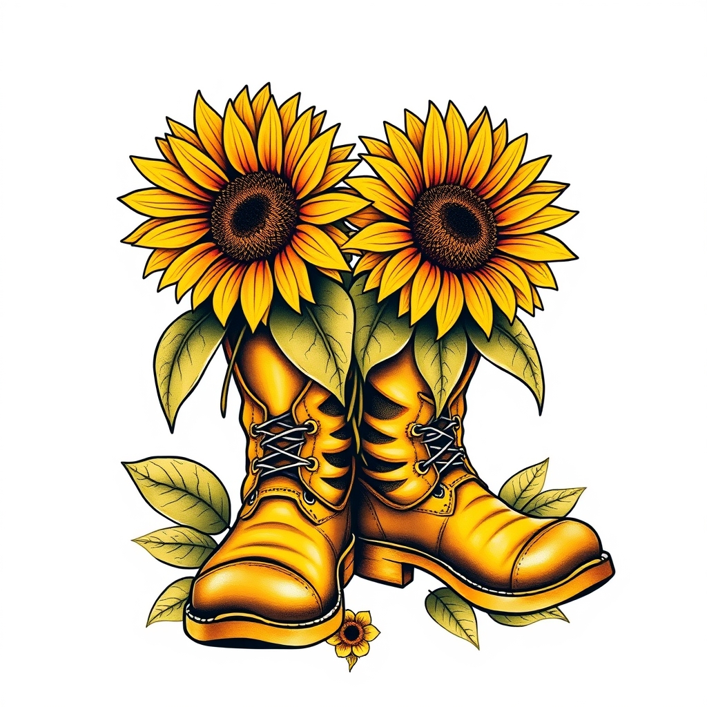 A tattoo design of Sunflowers in firefighter boots in the style of realistic. - flowers in boots tattoo design generated by AI tattoo generator