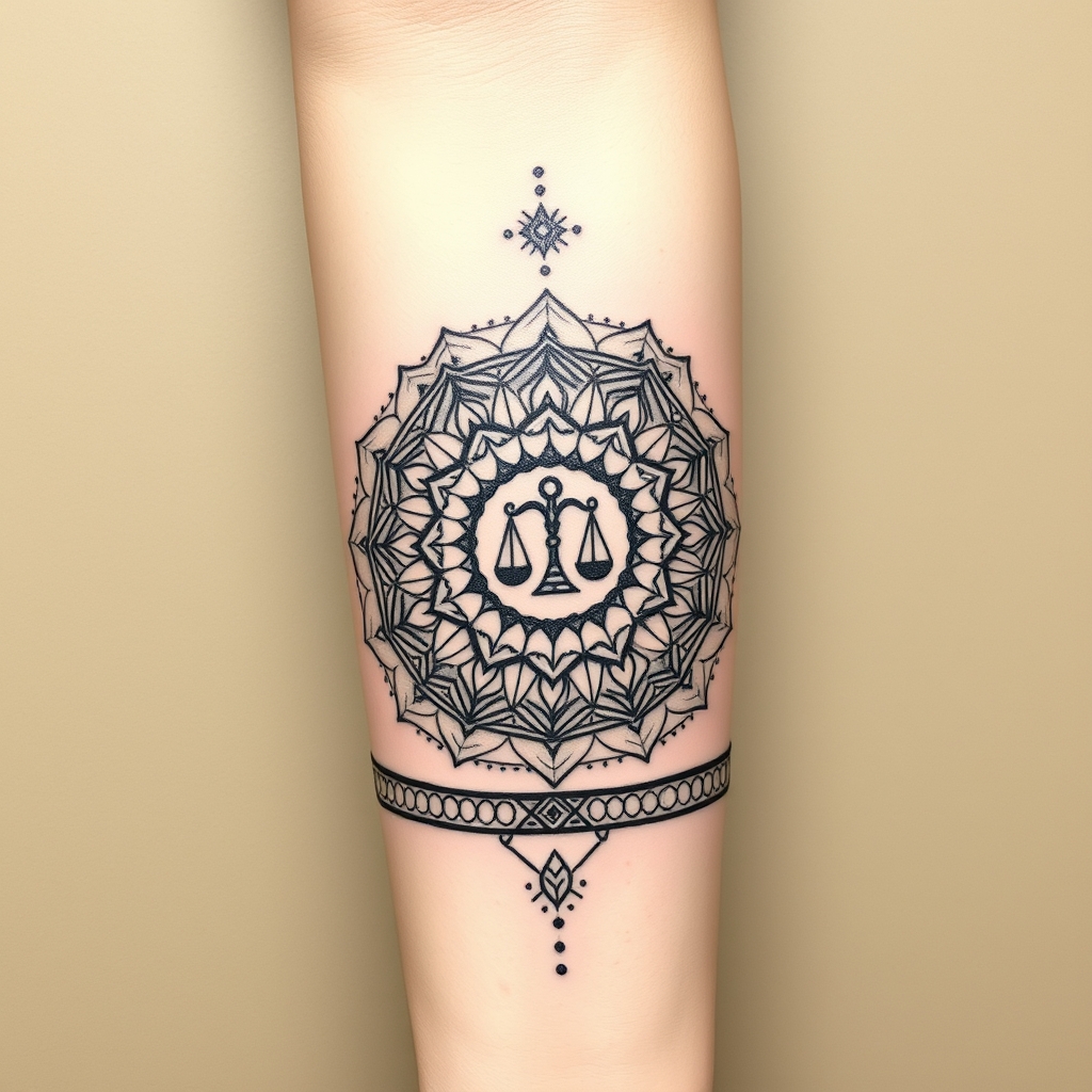 A tattoo design of Central Mandala: Intricate and symmetrical, radiating inner peace. Libra Symbol: Embedded subtly in the center, maintaining harmony within the design. Geometric Band: Wraps around the forearm with sacred shapes and balanced flow. Spiritual Touches: Dotwork textures and symmetrical balance throughout. in the style of geometric. - spiritual symbols tattoo design generated by AI tattoo generator