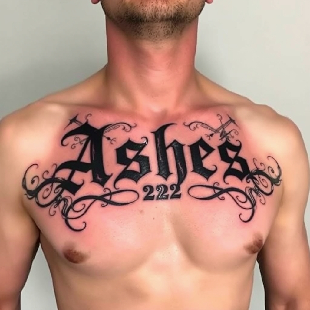 A tattoo design of Words "Ashes 222 Ashes" on left pectoralis in the style of surrealistic. - text tattoo design generated by AI tattoo generator