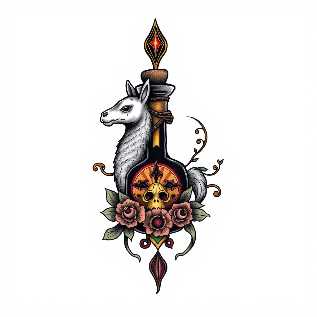 A tattoo design of kuzco poison bottle, with essence of llama in the style of realistic. - movie character tattoo design generated by AI tattoo generator