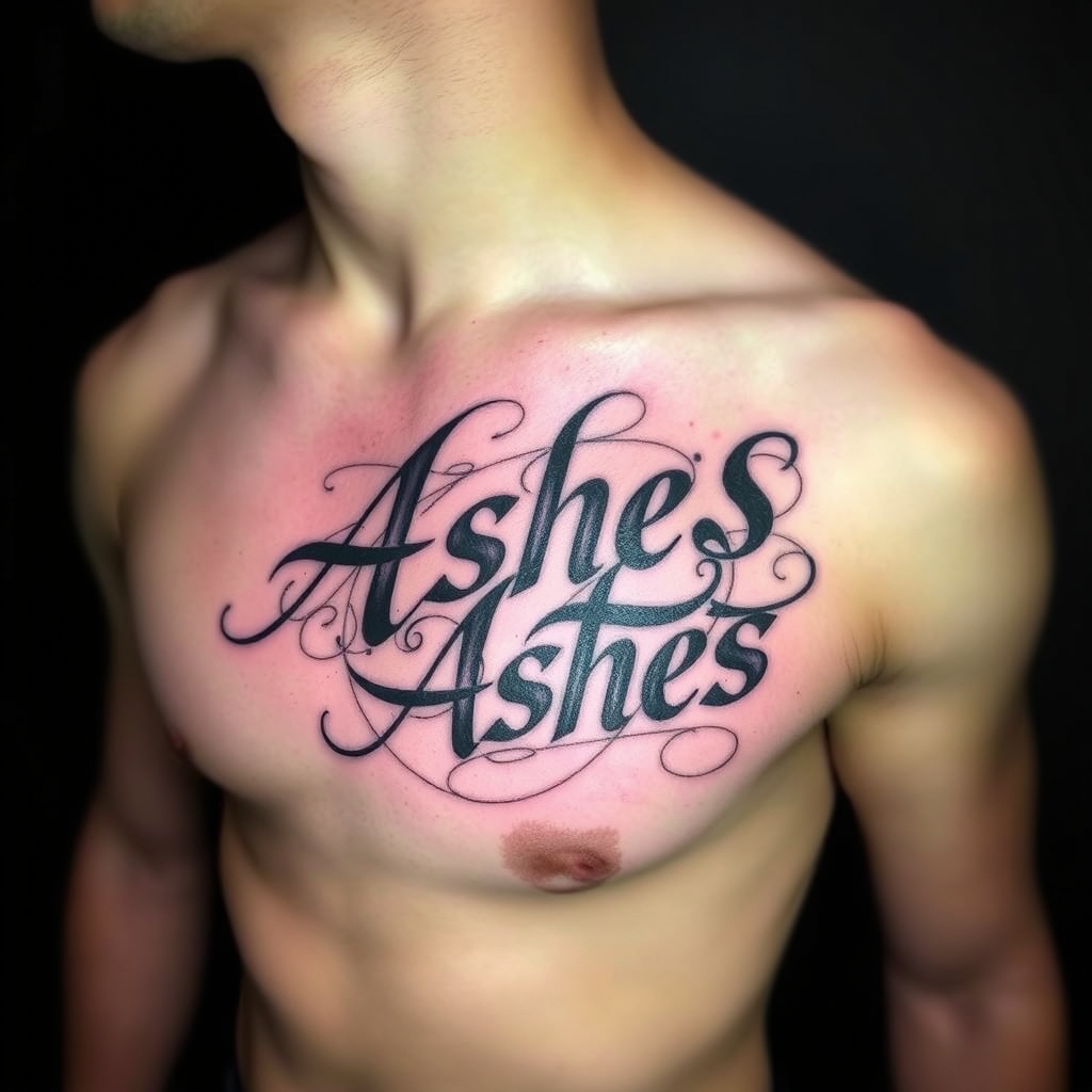 A tattoo design of Words "Ashes 222 Ashes" on left pectoralis in the style of abstract. - text memorial tattoo design generated by AI tattoo generator