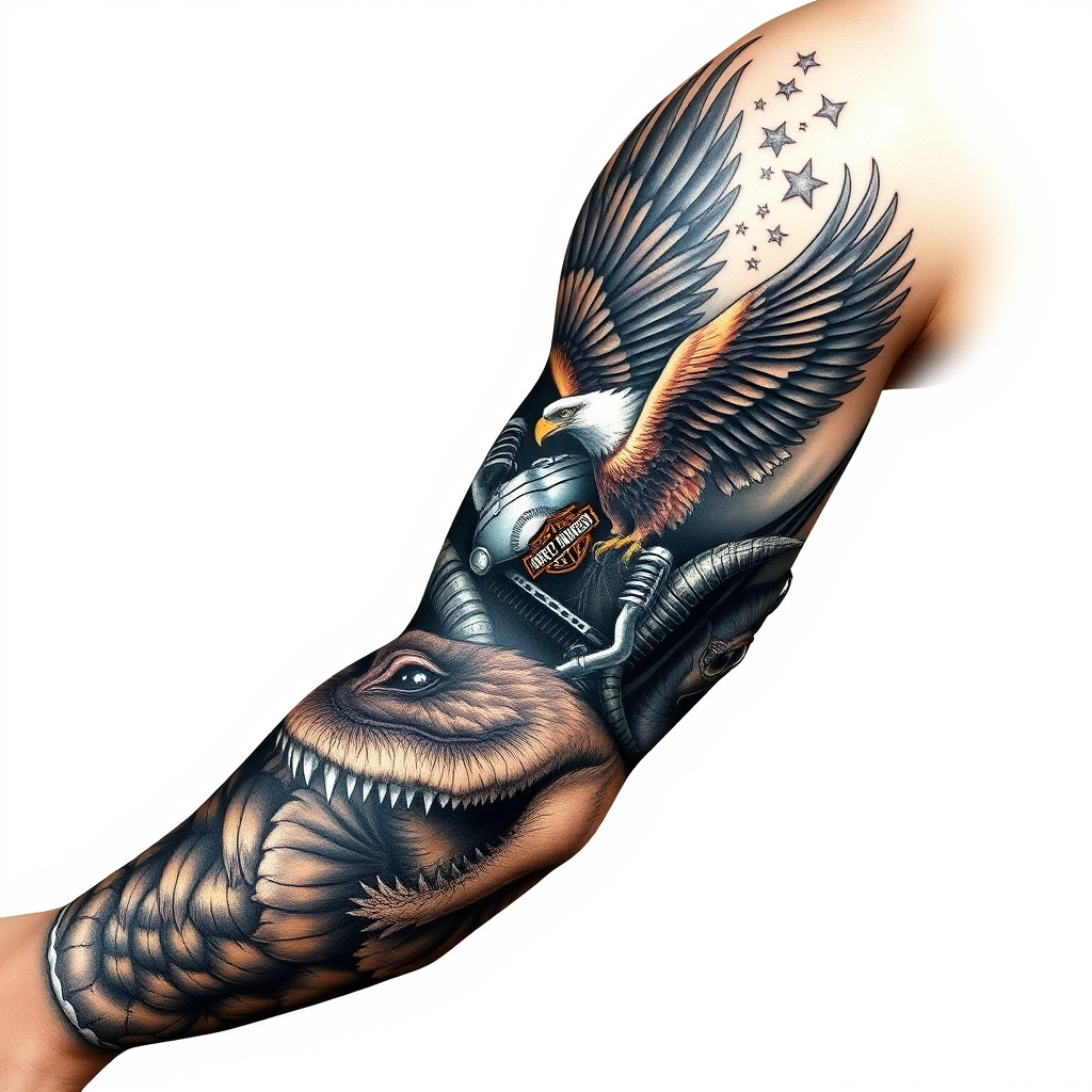 A tattoo design of Right arm full sleeve with Harley Davidson theme with eagles mixed with Florida swamp theme with alligator in the style of realistic. - biker culture tattoo design generated by AI tattoo generator