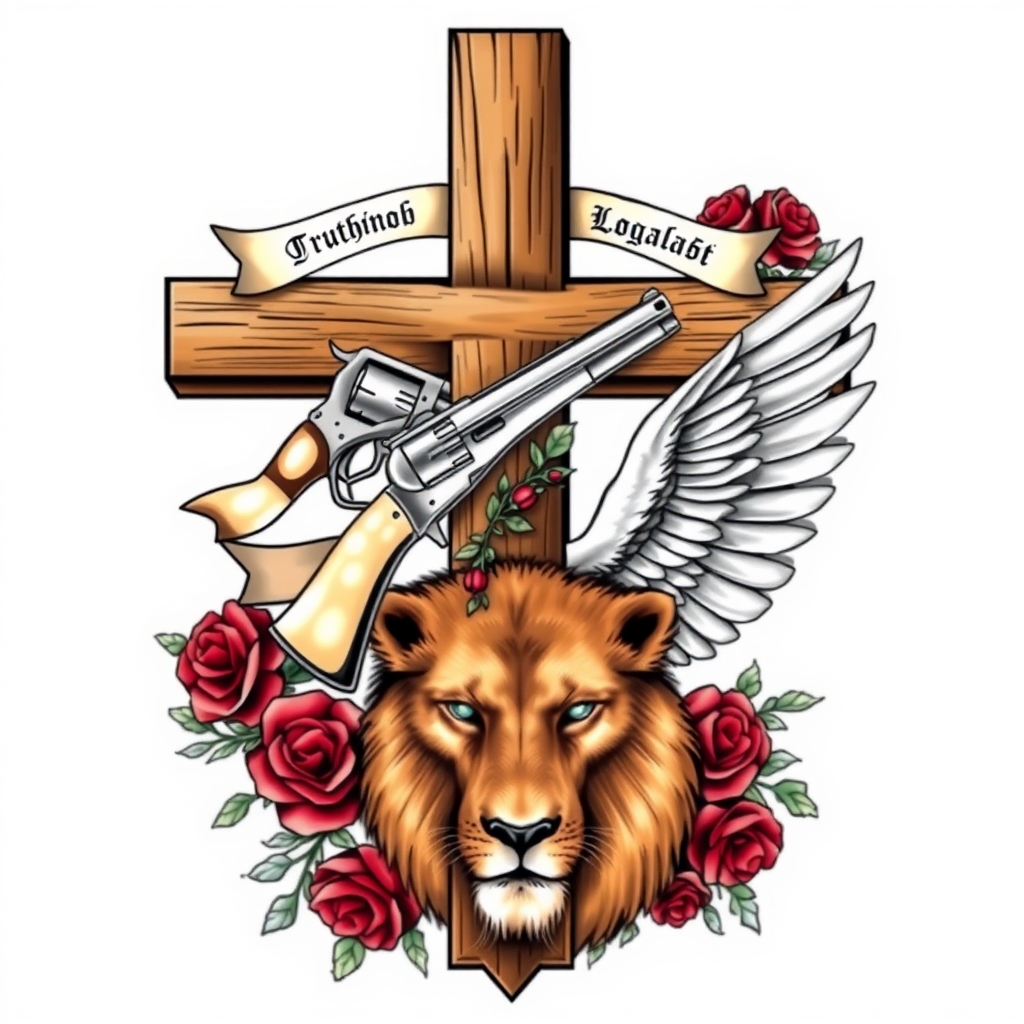 A tattoo design of A Large wooden Christian Cross with the words written in Latin (Truth, Honor, Loyalty) in a banner intertwined around the cross. 2 pearl-colored handle 1800's Colt 45 guns going diagonal across the back of the Cross with a vine of red roses wrapped around the cross and guns, and an White Eagles wings on a brown, gentle, green-eyed lion in the style of realistic. - christian symbolism and firearms tattoo design generated by AI tattoo generator