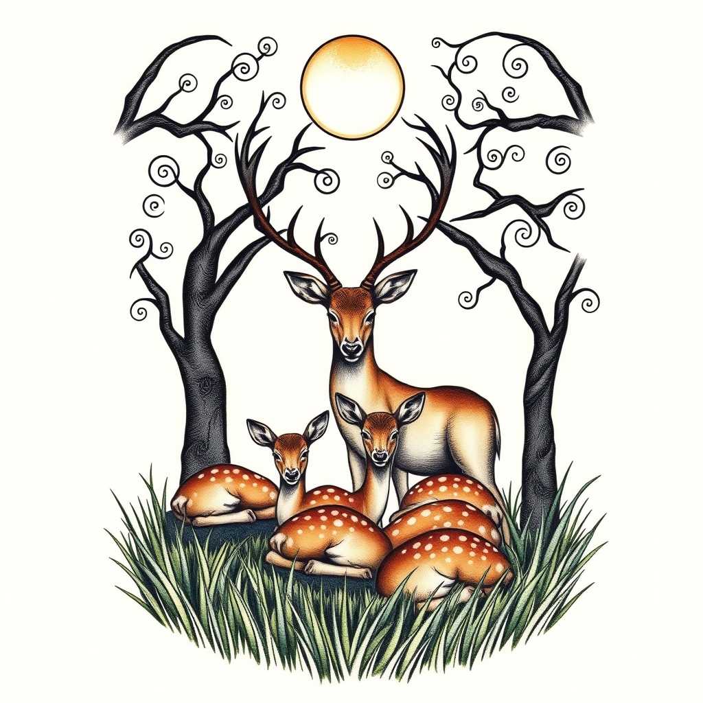 A tattoo design of 🌕 (optional moon) /\ Tree canopy (interlaced knots & spirals) | Stag Doe (heads nearly touching) | 4 Fawns resting in stylized grass in the style of realistic. - nature wildlife tattoo design generated by AI tattoo generator