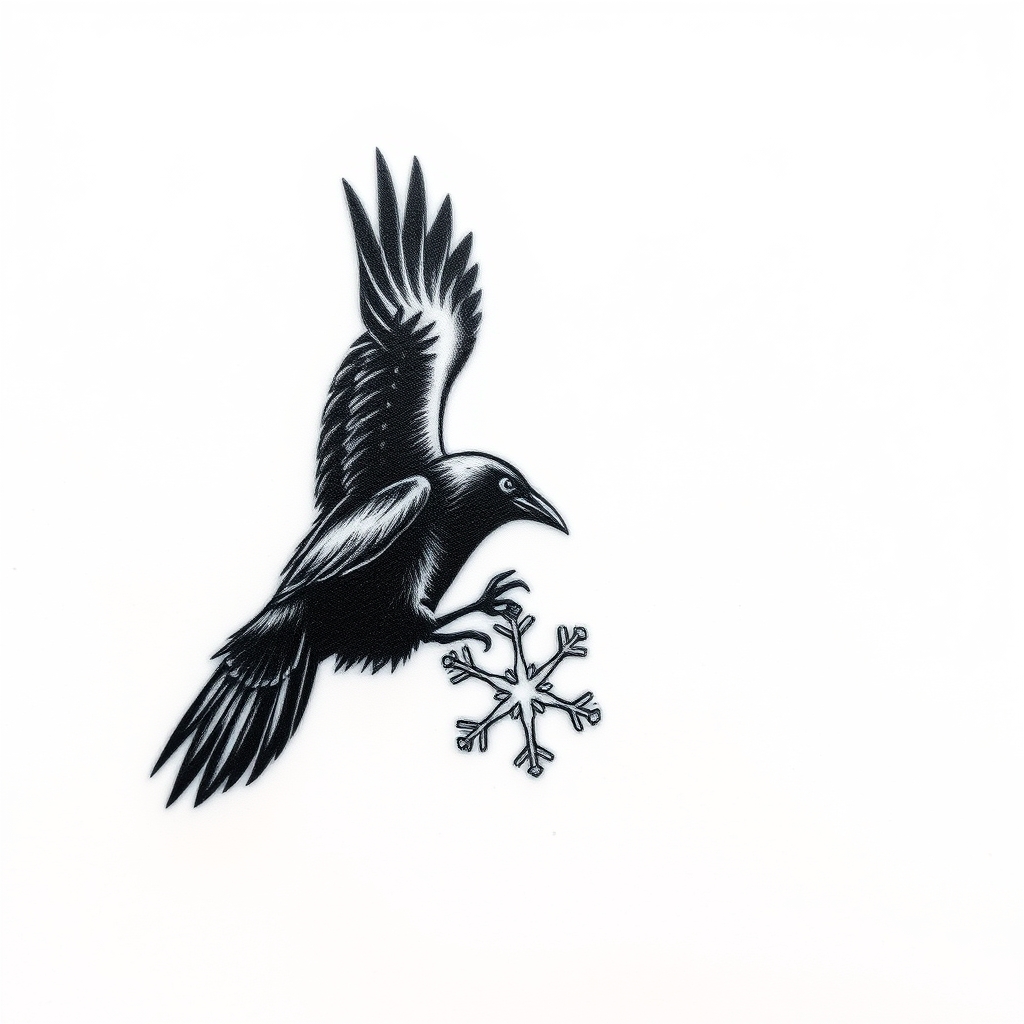A tattoo design of Can you create a visual representation of my tattoo concept and generate the image in black and white, including subtle shading or grayscale details for depth ? A minimalistic yet detailed tattoo design of a black raven taking off from a delicate white snowflake, with the snowflake breaking into fine, detailed snow dust. The raven is mid-flight, wings spread gracefully, and the snowflake beneath its claws is disintegrating into soft, intricate snow particles to emphasize motion and lightness. The lines are fine and clean, balancing realism and simplicity for a small, elegant tattoo. The design is subtle but expressive, ideal for a discreet and symbolic piece. in the style of minimalist. - bird in flight tattoo design generated by AI tattoo generator