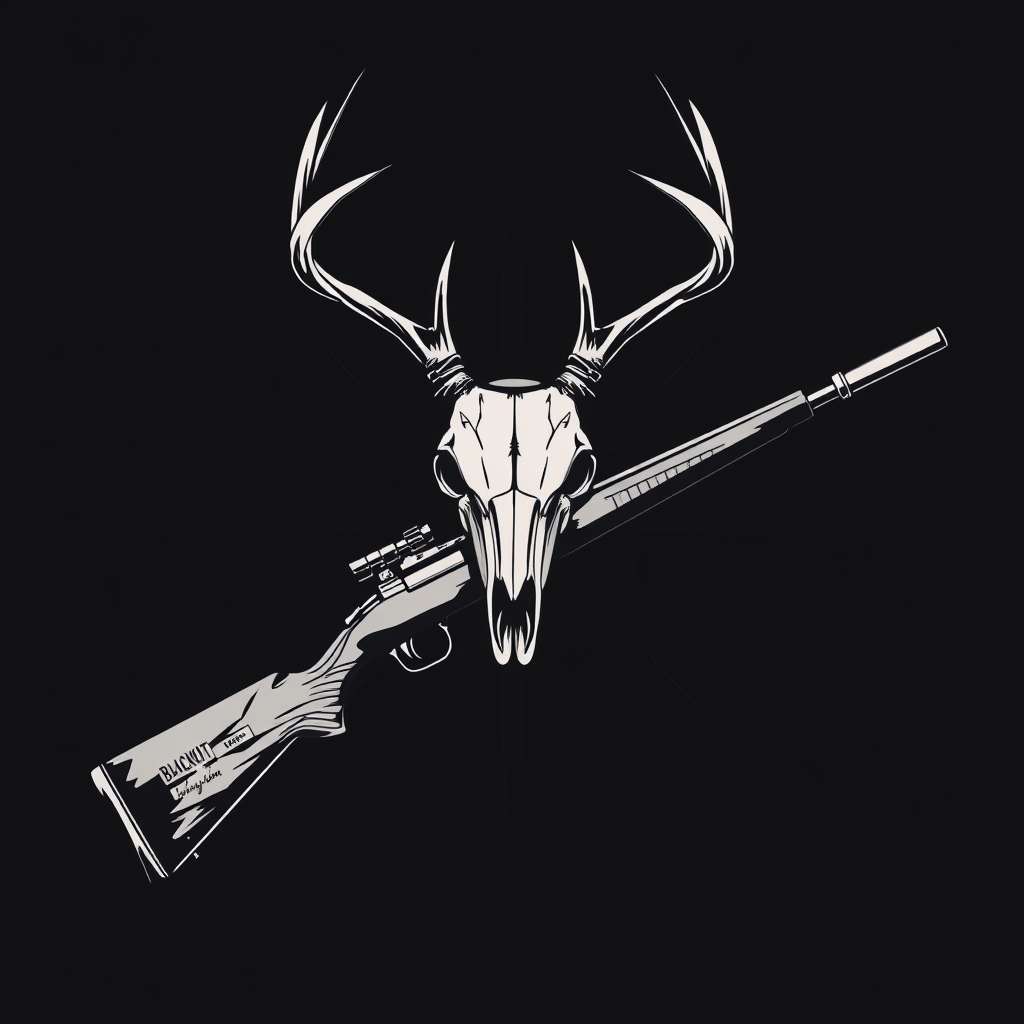 A tattoo design of i want a blackout deer skull on top of the x and i want a blackout hunting rifle going in an x with a blackout ice hockey stick in a x with the rifle with a blackout hockey puck in the style of realistic. - hunting symbols tattoo design generated by AI tattoo generator