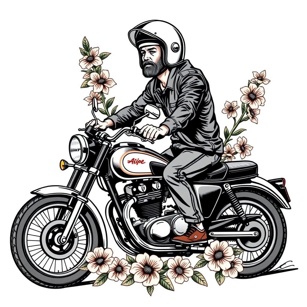A tattoo design of man on classic motorcycle, wearing open face helmet, freesia flowers around bike in the style of realistic. - motorcycle rider tattoo design generated by AI tattoo generator
