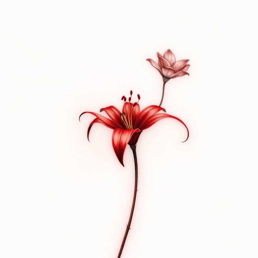 A tattoo design of Realistic spider lily tattoo design in red ink, with fine botanical detailing. The flower should have no leaves on the stem — only a single, slender, naturalistic stem supporting a fully bloomed spider lily with delicate, curled petals and long filaments, all in a vivid red tone. Efeito “ghosted” / diplopia: Overlay a second version of the same flower in pure white ink, slightly offset to the right, creating a ghosted double‑vision effect (3D‑style diplopia). The white flower should look like a translucent echo or spiritual aura of the red lily, as if its soul is gently drifting out. Contraste e estilo: Focus on soft contrast between the vibrant red and ethereal white. The design should be clean, refined, and emotionally expressive — balancing realism and minimalism. in the style of japanese. - flower tattoo tattoo design generated by AI tattoo generator