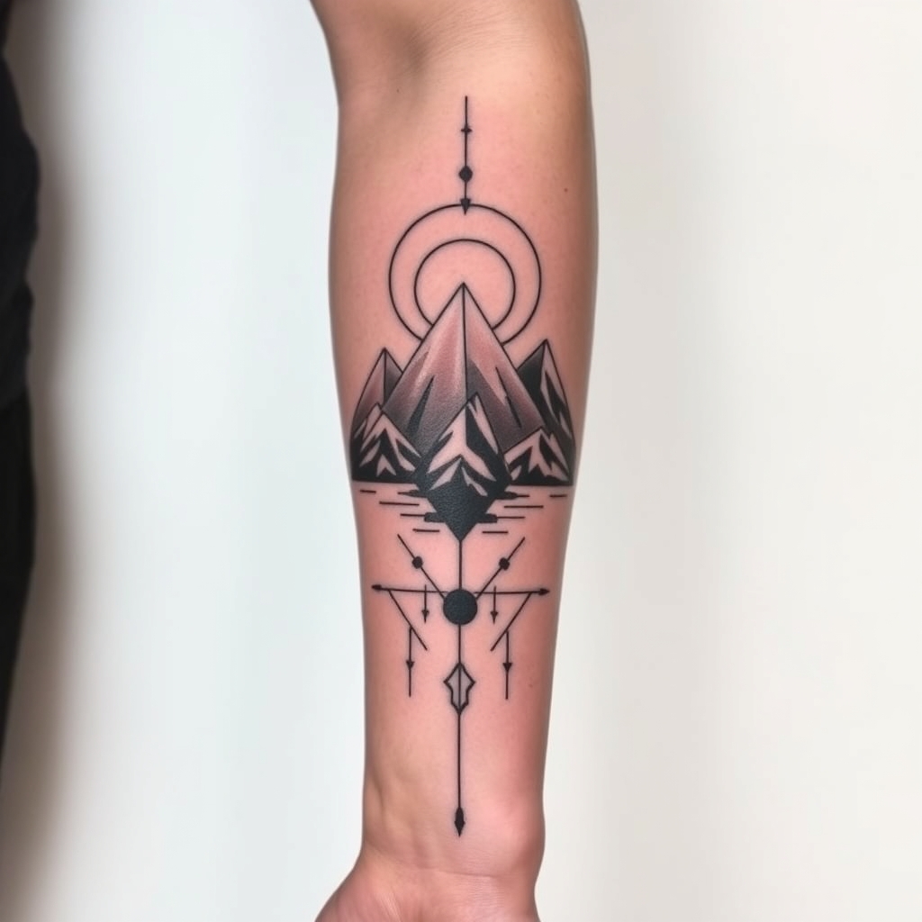A tattoo design of Long Masculine peruvian tattoo for a forearm with mountains in the style of geometric. - landscapes tattoo design generated by AI tattoo generator