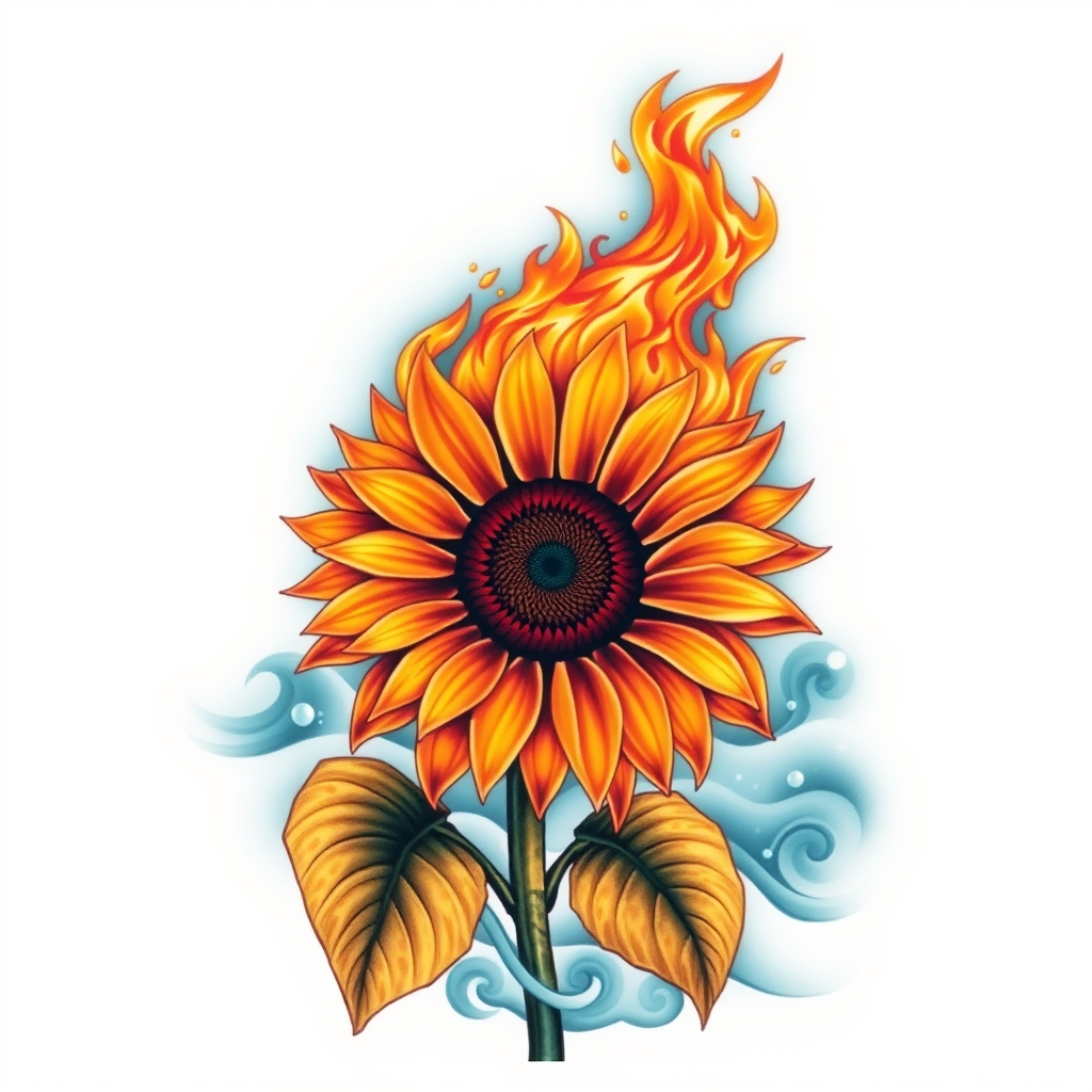 A tattoo design of Burning sunflower in ocean in the style of realistic. - flowers and nature tattoo design generated by AI tattoo generator