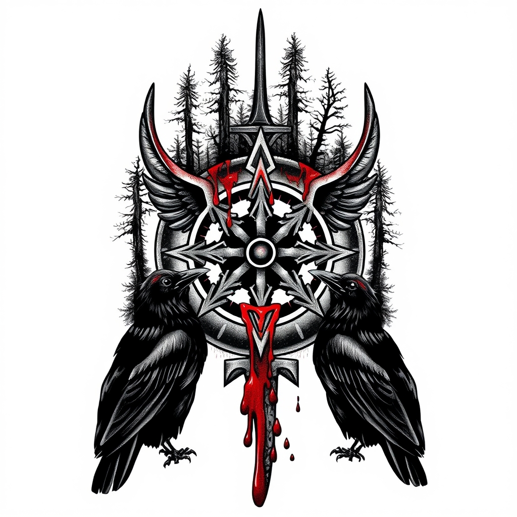 A tattoo design of Valkyrie symbol covered in forest, on top on the symbol there should be blood that goes down to the bottom of the stave in style of trashpolka watched by 2 black ravens in the style of traditional. - norse mythology tattoo design generated by AI tattoo generator