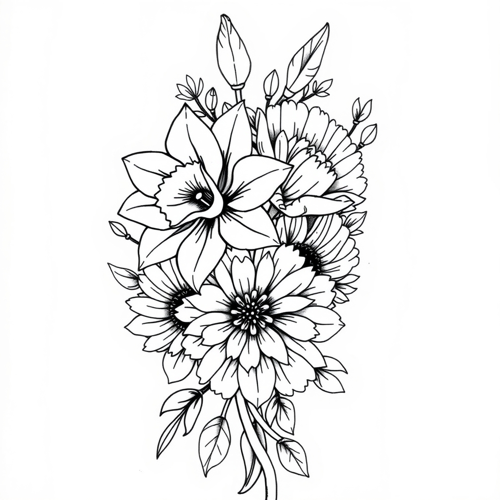 A tattoo design of Daffodils poppies and chrysanthemum intertwined flowers black fine line in the style of realistic. - flowers tattoo design generated by AI tattoo generator