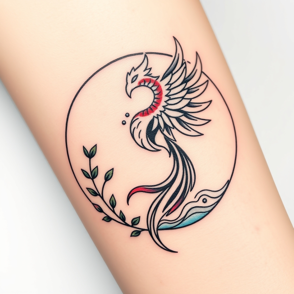 A tattoo design of Phoenix representing transformation and power 🌿 Garland vine adding growth, connection, and organic beauty 🌊 Water ripples symbolizing peace, renewal, and emotional flow 🎨 All unified in a clean, bold-lined circular band — timeless and wearable in the style of minimalist. - mythical creatures nature tattoo design generated by AI tattoo generator