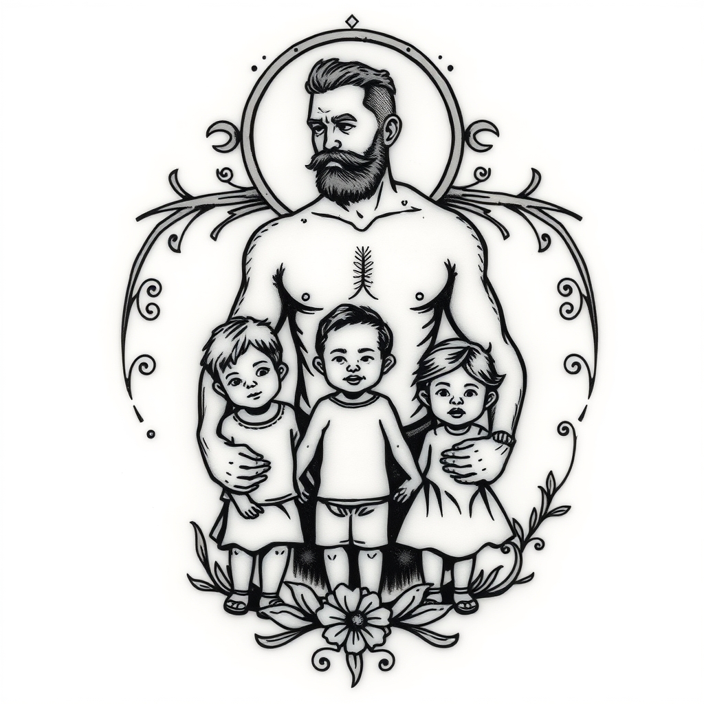 A tattoo design of A father protecting his 3 kids in the style of blackwork. - family protection tattoo design generated by AI tattoo generator