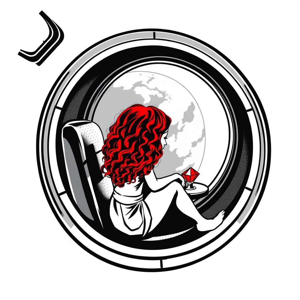 A tattoo design of Black and grey style. Redhead girl with curly hair sitting in a small space capsule alone. Floating through space with nothing to keep her company but a thing red ruby which she keeps on the small table by the porthole window. They are both sitting by the window peering out on an unknown planet. in the style of geometric. - space travel tattoo design generated by AI tattoo generator