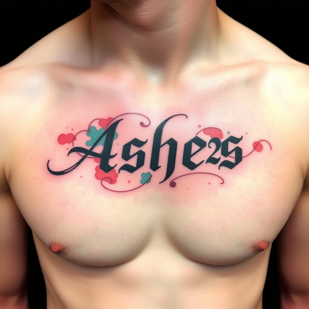 A tattoo design of Words "Ashes 222 Ashes" on left pectoralis in the style of watercolor. - memorial phrase tattoo design generated by AI tattoo generator
