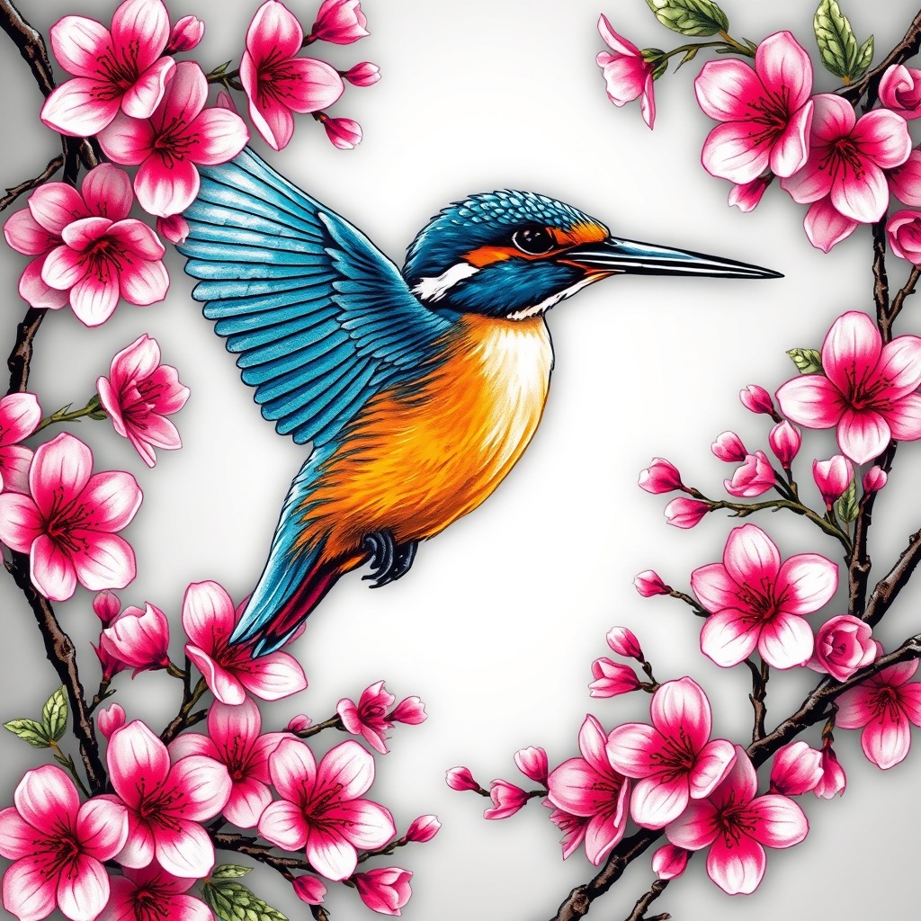 A tattoo design of Flying blue and orange kingfisher suroounded by large quantity of pink cherry blossoms in the style of surrealistic. - birds and flowers tattoo design generated by AI tattoo generator
