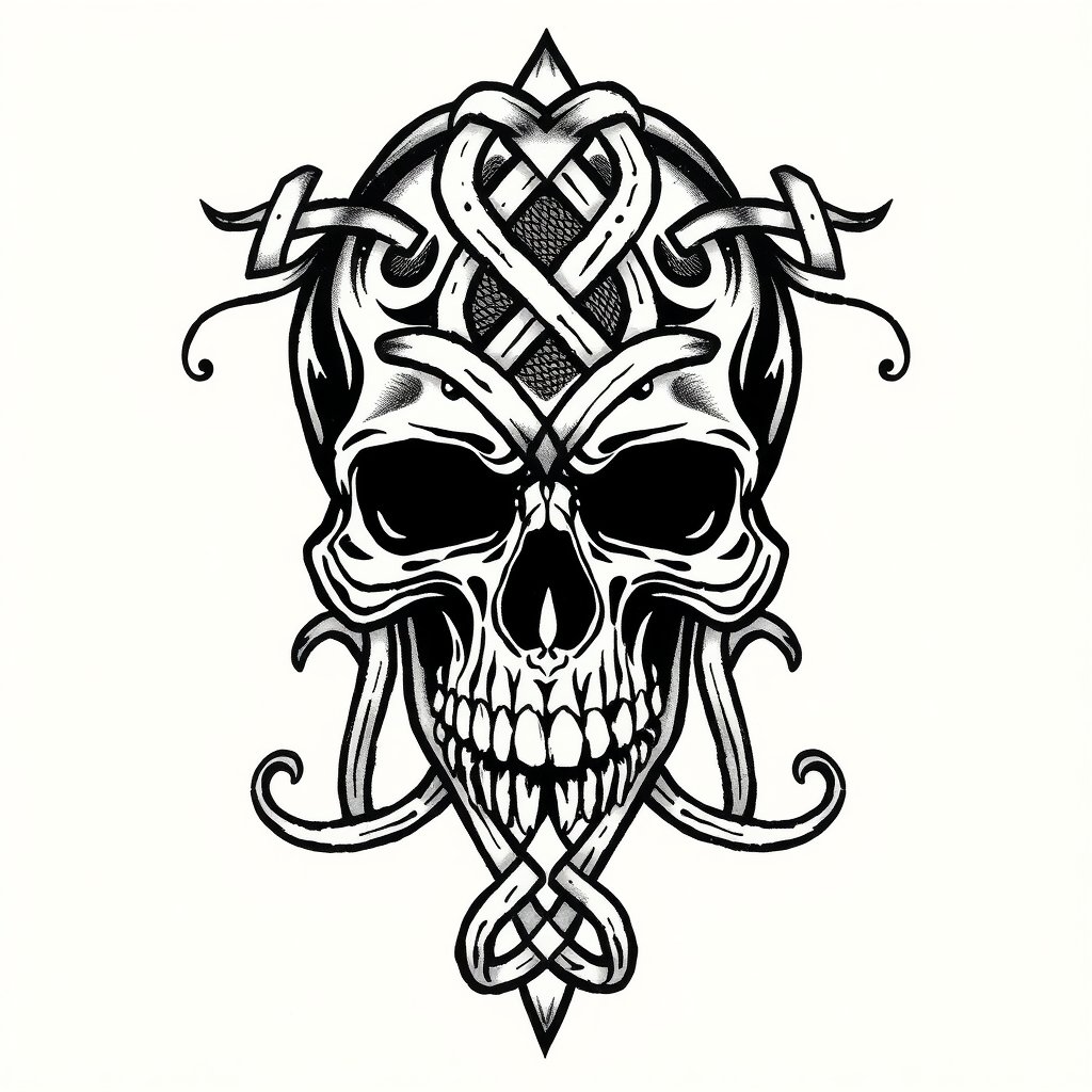 A tattoo design of Celtic knot skull in the style of blackwork. - skull tattoo design generated by AI tattoo generator