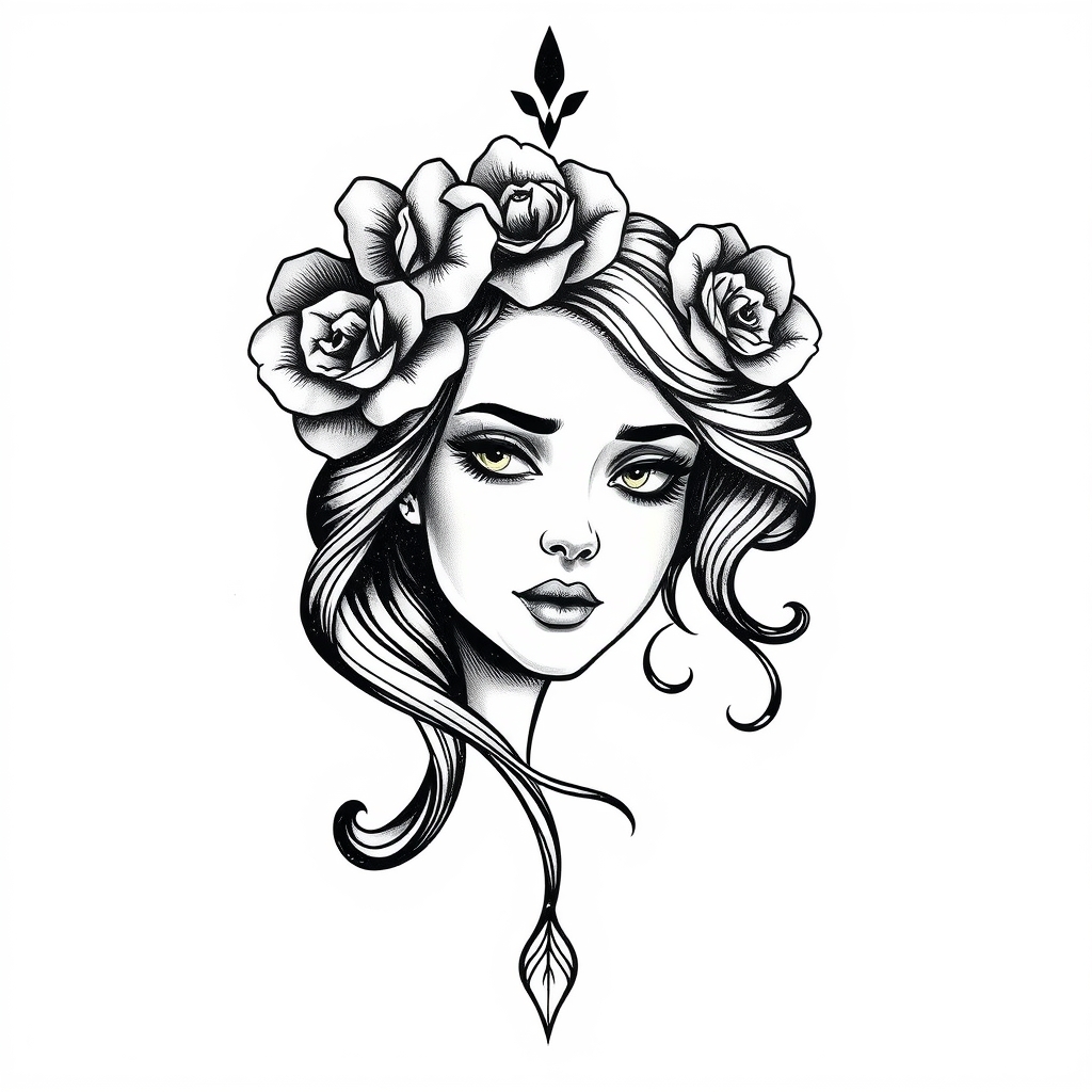 A tattoo design of girl face vintage tattoo on white background in the style of blackwork. - portrait art tattoo design generated by AI tattoo generator