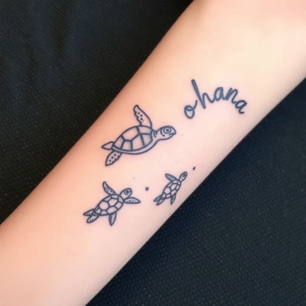 A tattoo design of A momma sea turtle swimming toward the word ohana with 3 baby sea turtles following behind in a stream of water with the names Ana Logan and baylee by the baby sea turtles. The baby sea turtles looking like Finding Nemo sea turtles tattoo for forearm in the style of minimalist. - sea turtle family tattoo design generated by AI tattoo generator