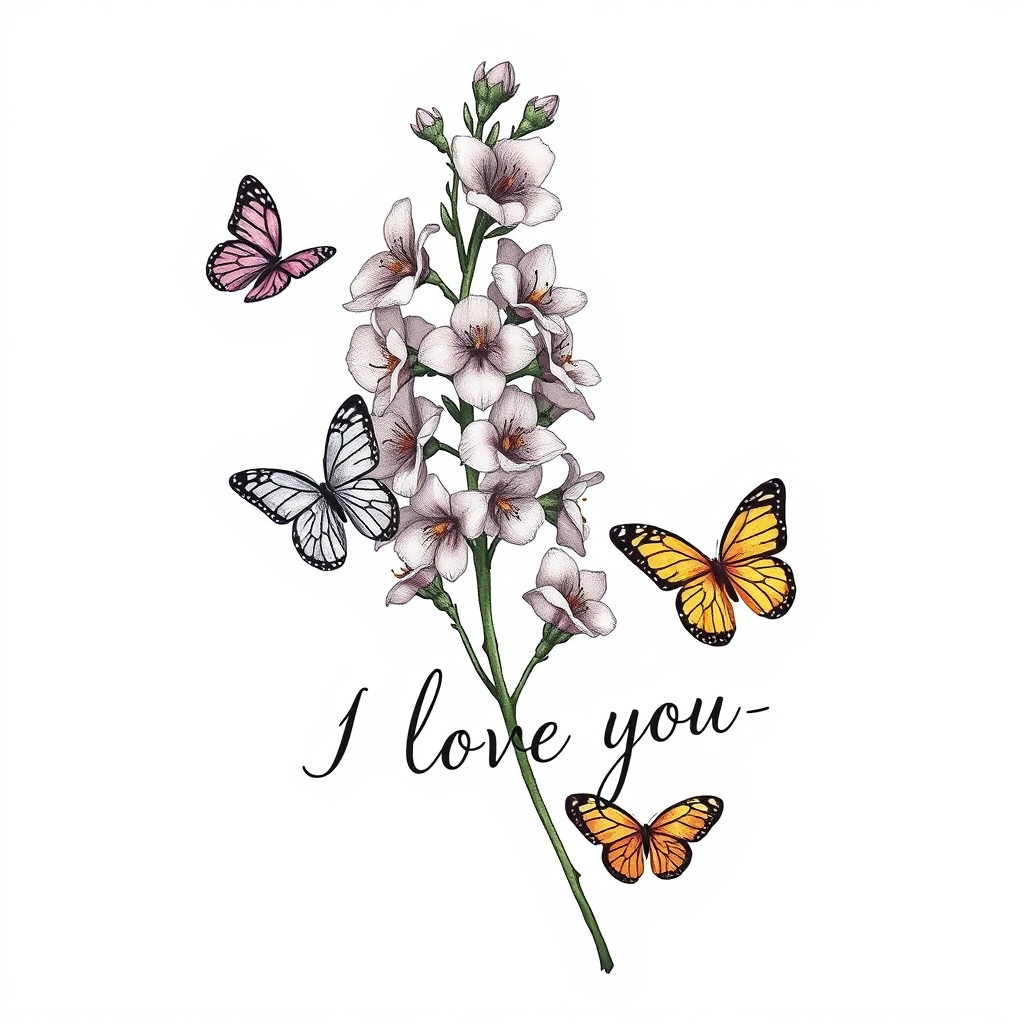 A tattoo design of Bloomed Larkspur with very little butterflies with I love you in cursive in the style of realistic. - flowers tattoo design generated by AI tattoo generator