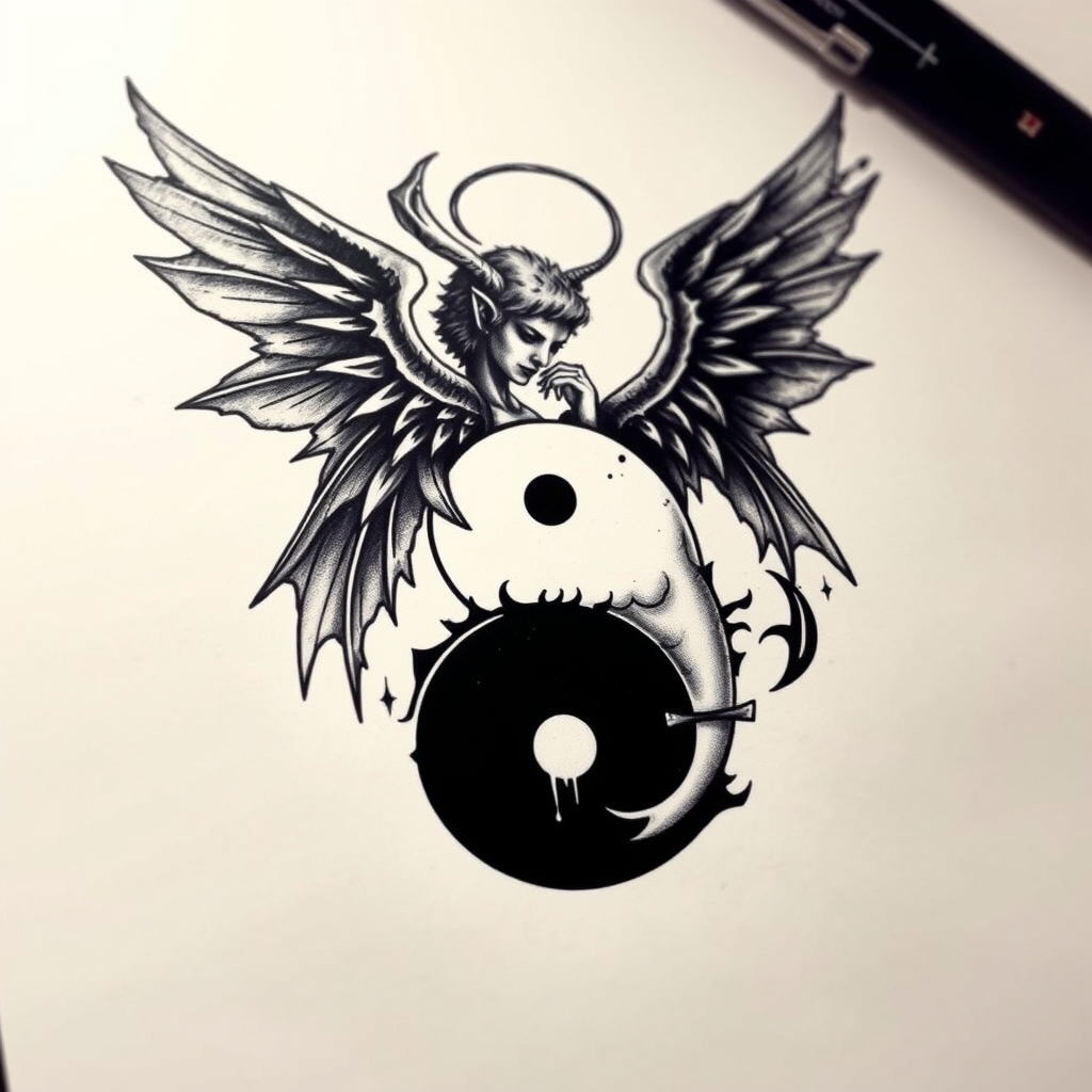 A tattoo design of Angel devil yin yang  in the style of realistic. - symbolism tattoo design generated by AI tattoo generator