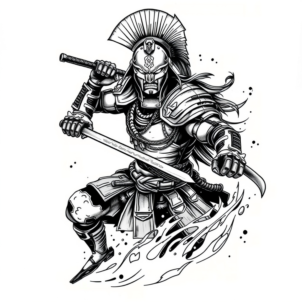 A tattoo design of SPARTAN FIGHTING a samurai  in the style of realistic. - warrior mythology tattoo design generated by AI tattoo generator