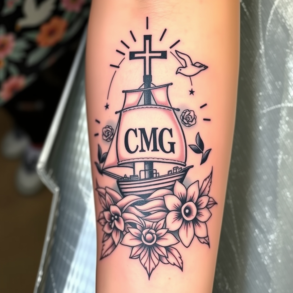 A tattoo design of Tattoo feom wrist to elbow,  tropical, with a focus on the cross of salvation, a sailing ship with the initials cmg on the main sail, other initials to be added are TLG and COG, with another focus on family, black and grey with some color, a dove and sun rays.  in the style of realistic. - spiritual symbols tattoo design generated by AI tattoo generator