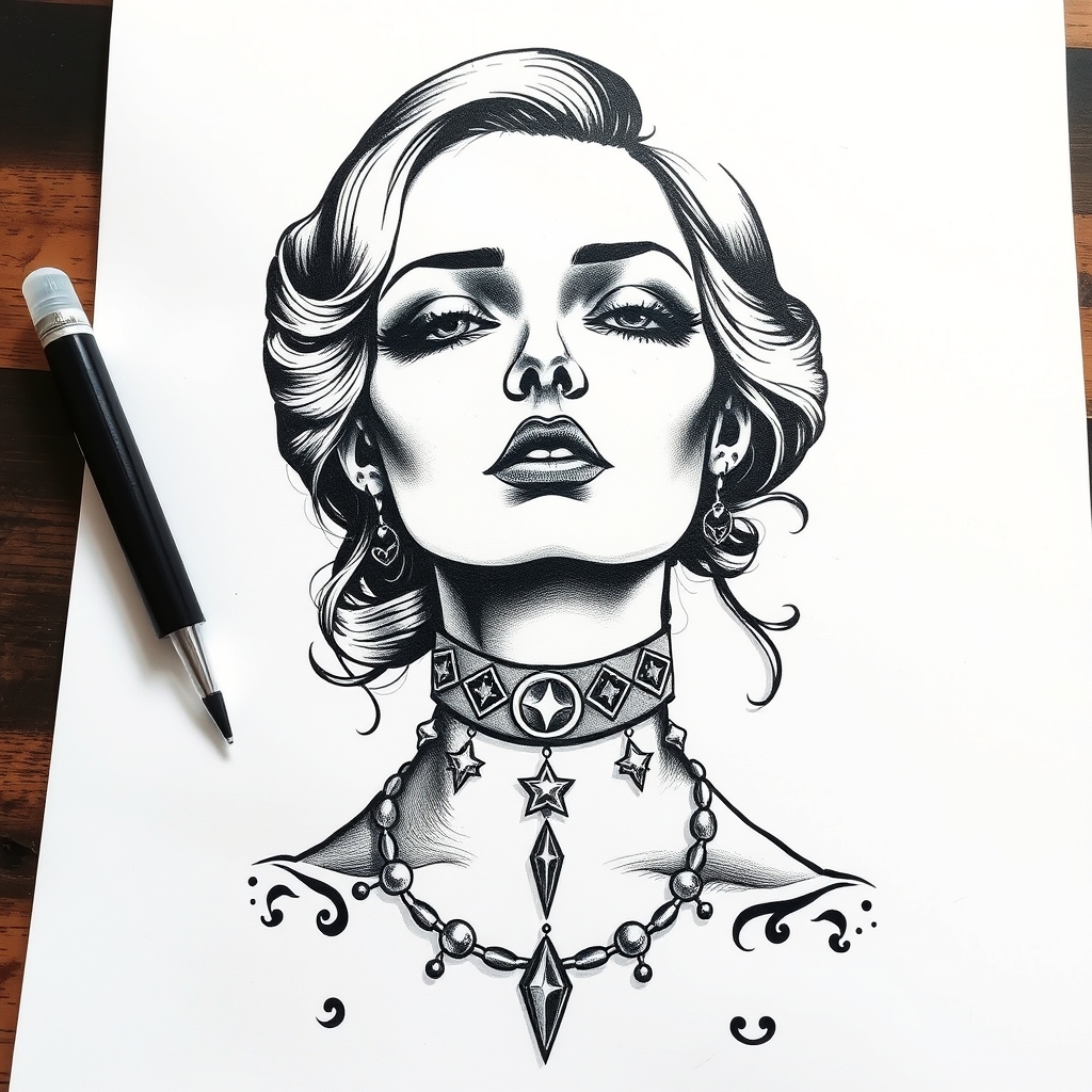 A tattoo design of b/w vintage woman full face neck chocker on white paper in the style of blackwork. - vintage woman portrait tattoo design generated by AI tattoo generator