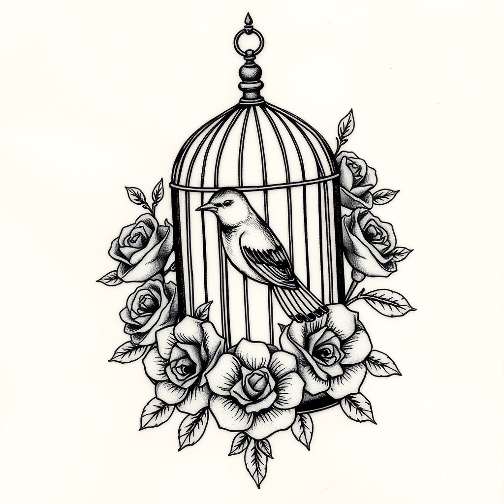 A tattoo design of vintage open birdcase with roses around in the style of blackwork. - animal enclosure tattoo design generated by AI tattoo generator
