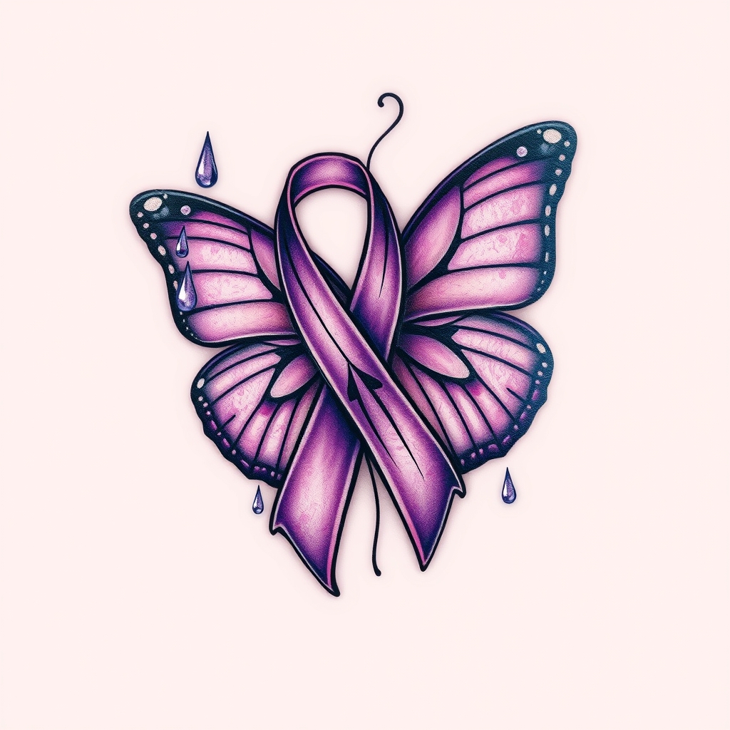 A tattoo design of  crying with the domestic awareness ribbon with a purple butterfly entwined together in the style of realistic. - domestic violence awareness tattoo design generated by AI tattoo generator