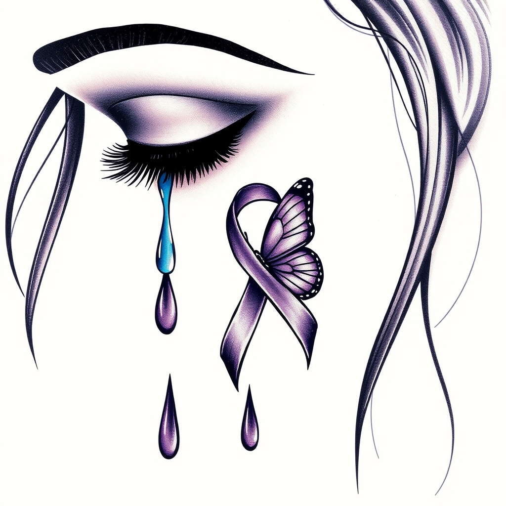 A tattoo design of A tear running down a woman's face with a domestic violence ribbon and a purple butterfly entwined together in the style of abstract. - domestic violence awareness tattoo design generated by AI tattoo generator