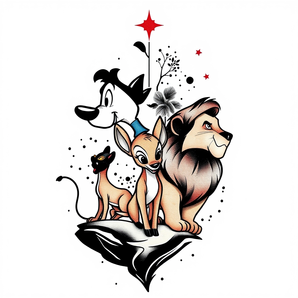 A tattoo design of Disney characters dumbo bambi the lion king in the style of abstract. - disney characters tattoo design generated by AI tattoo generator