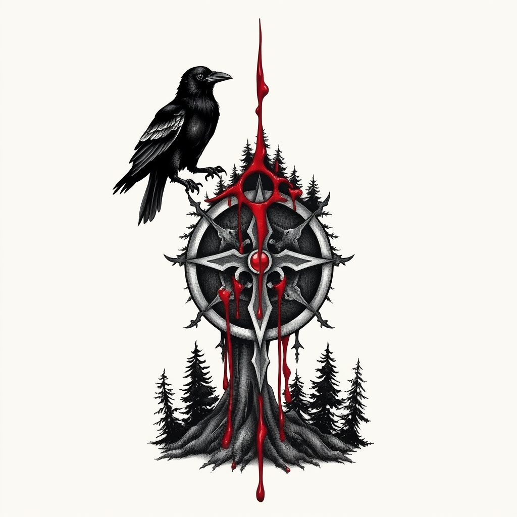 A tattoo design of Valkyrie symbol covered in forest, on top on the symbol there should be blood that goes down to the bottom of the symbol and watched by 2 ravens in style of trashpolka in the style of traditional. - mythology fantasy tattoo design generated by AI tattoo generator